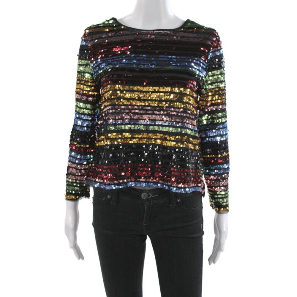 Mango Women Cropped Sequin Striped Blouse 3/4 Sleeve Black Size 4